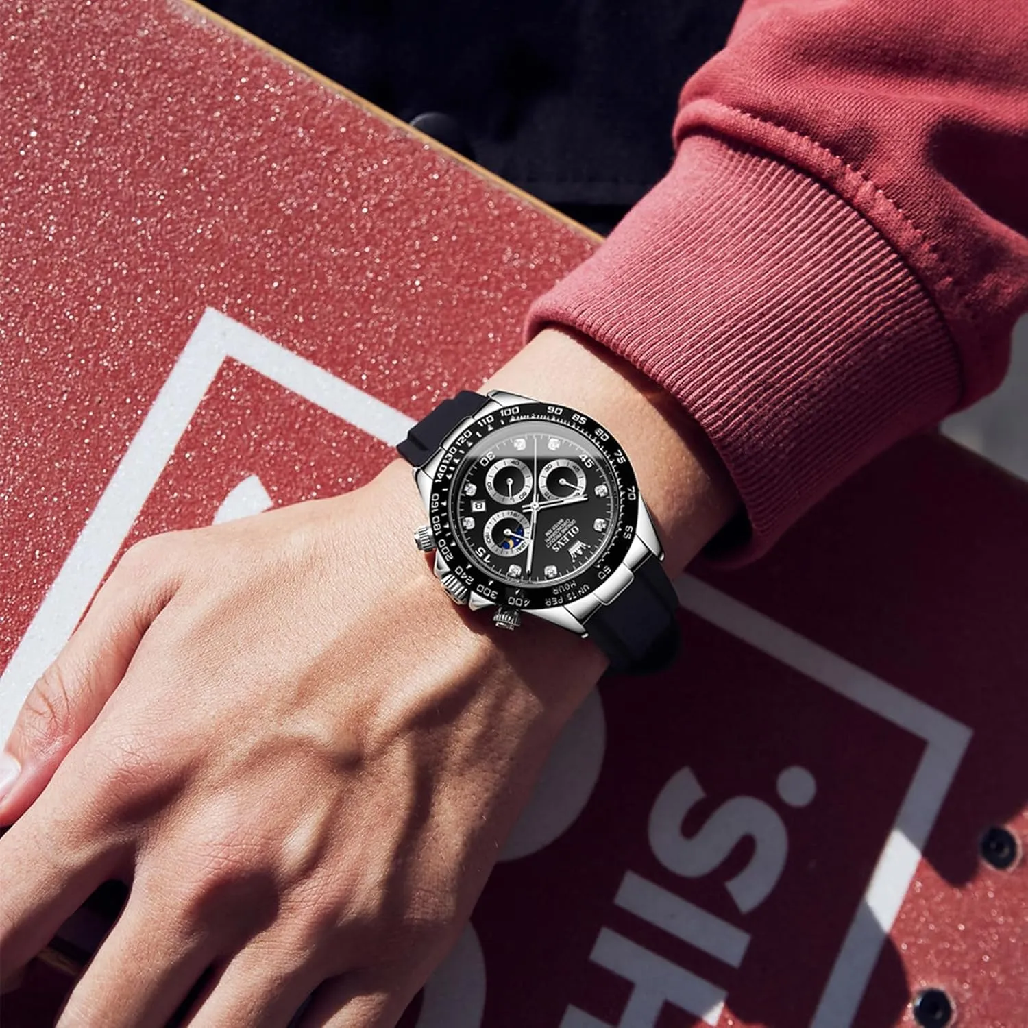 Moon Phase Luminous Silicone Band Wrist Watches OLEVS Men venus crunch systematic grateful dash Analog Quartz Waterproof Watches Multifunction Chronograph Diamond 