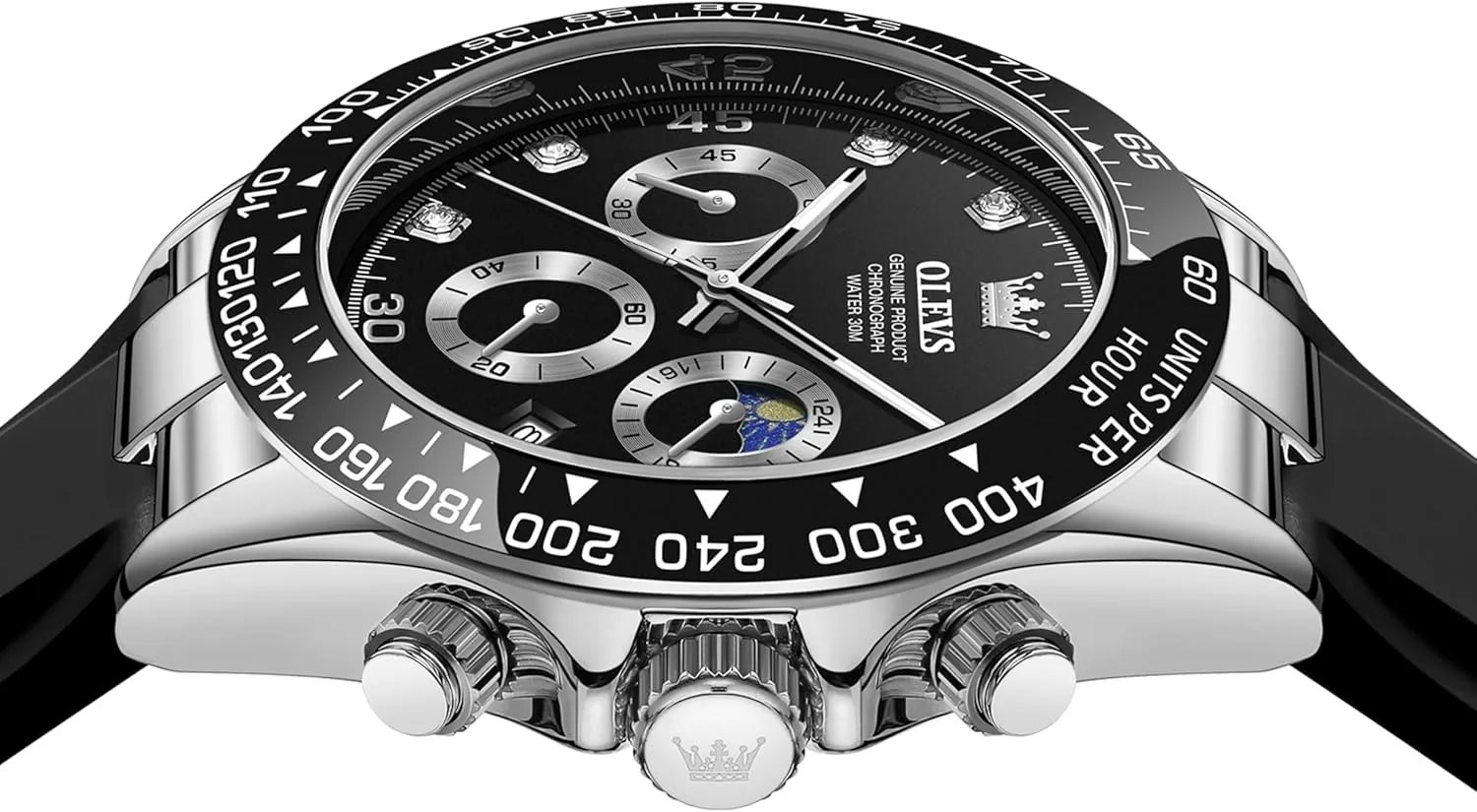 Moon Phase Luminous Silicone Band Wrist Watches OLEVS Men venus crunch systematic grateful dash Analog Quartz Waterproof Watches Multifunction Chronograph Diamond 