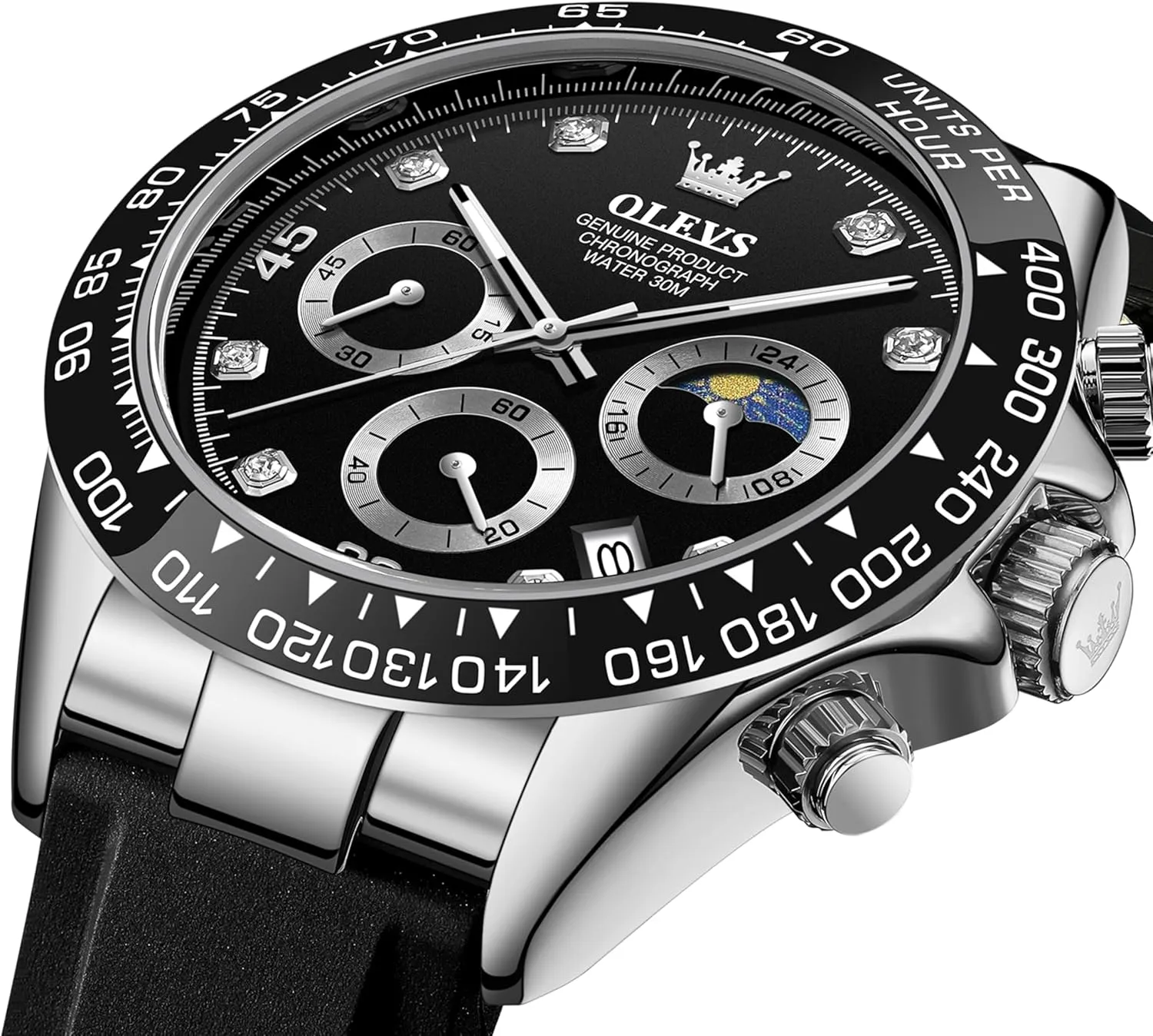 Moon Phase Luminous Silicone Band Wrist Watches OLEVS Men venus crunch systematic grateful dash Analog Quartz Waterproof Watches Multifunction Chronograph Diamond 