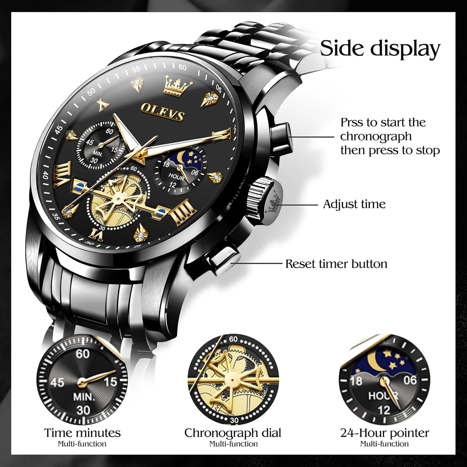 Moon Phase Waterproof Date Analog aroma subtract Quartz Dress Watches for Men,Silver/Blue/Black/Gold Dial OLEVS Mens Watches Luxury Business Stainless Steel Chronograph 
