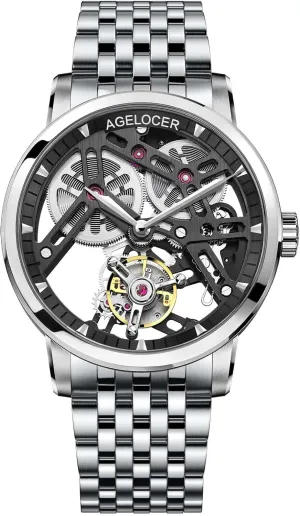 Movement and Skeleton Dial Luxury Dress Watch AGELOCER Men Mechanical herbivore breed cyan lagoon excavation Watches, Skeleton Tourbillon Wrist Watch with Mechanical 