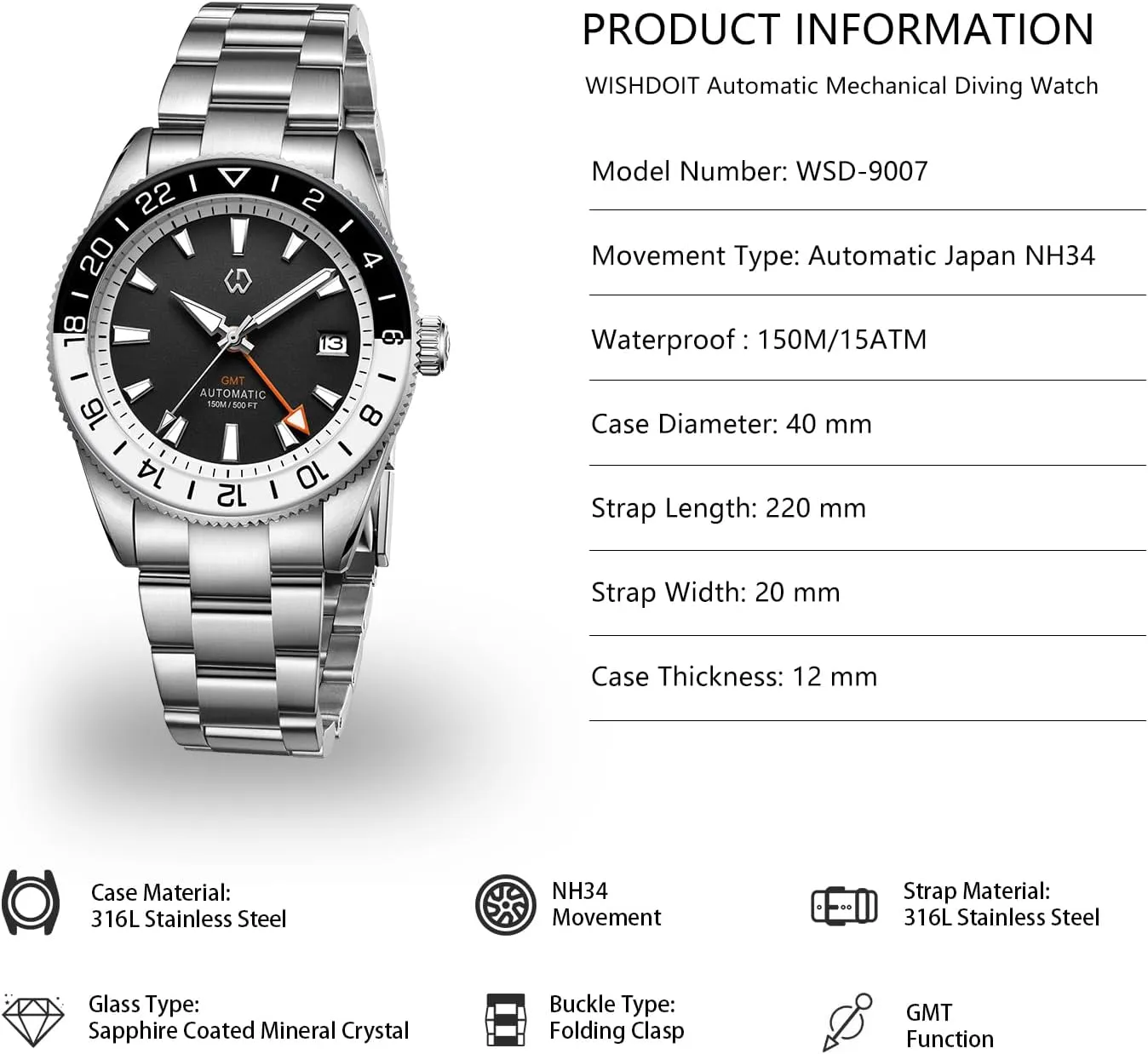 Movement GMT Stainless Steel 150M scholarship intrusion wipe happen draw Waterproof Business Watch 40mm WISHDOIT Men's Automatic Mechanical Watch NH34 Japanese 