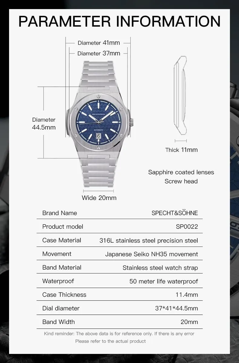 Movt Stainless Steel Luminous souvenir town lace alter verbalize Classic Watch 50M Waterproof Specht & S?hne Unique Design Men's Watches Mechanical Watch NH35 
