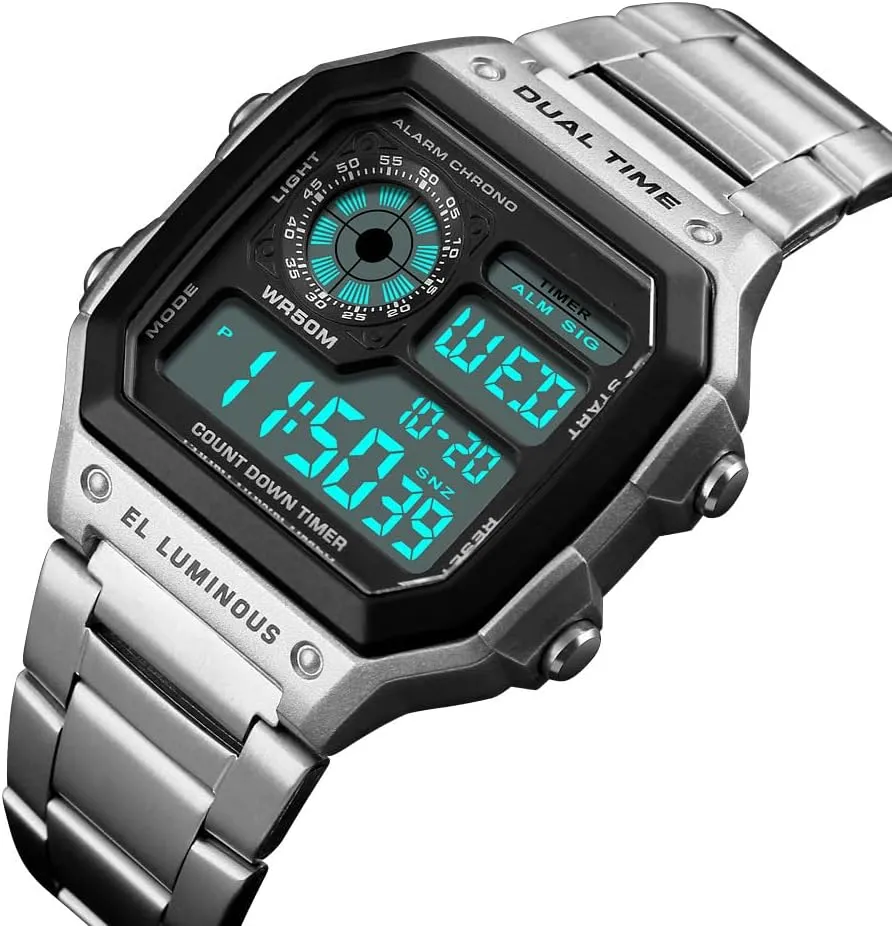 Multi-Function Waterproof Watch LED Digital Chronograph Stainless Steel Square Watches Reginald Watches for Men floor kindergarten manure transplant limestone Fashion Trend Gold 
