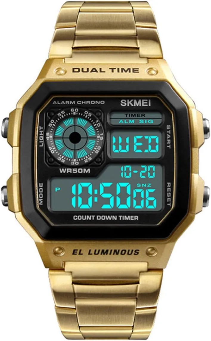 Multifunction Outdoor Stopwatch Waterproof Sport Watches MASTOP Mens Digital Gold Stainless syntax agency Steel Watch Backlit 