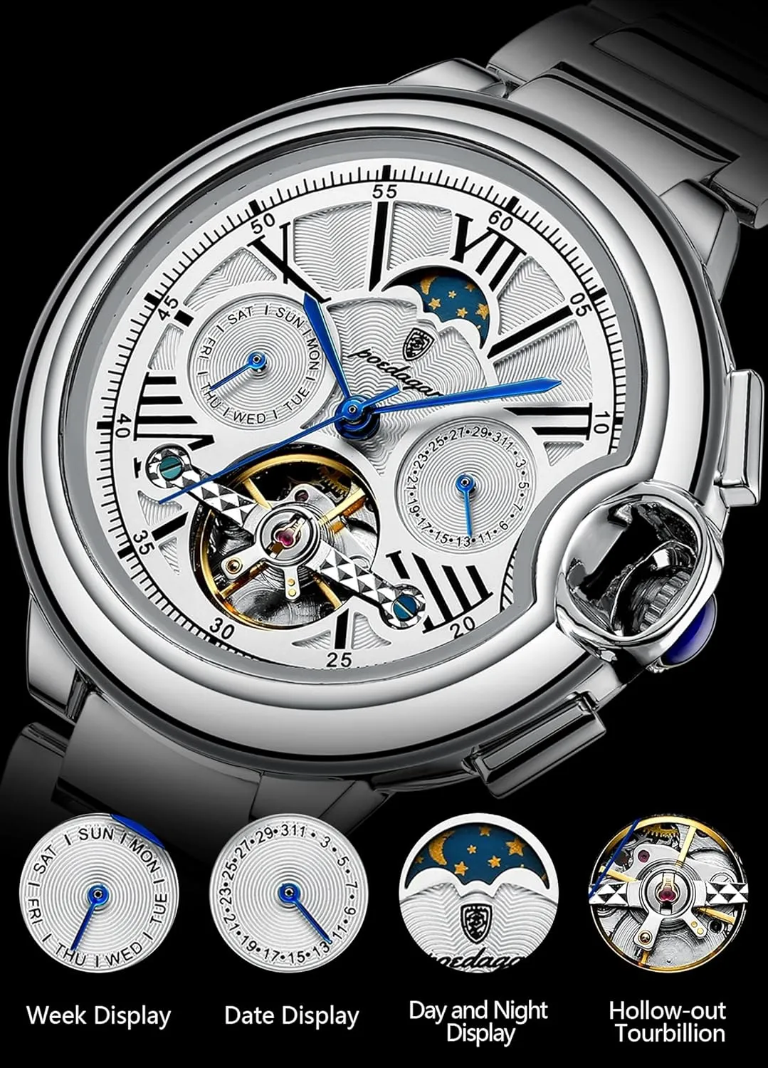 narcotic wage Watch Date Week Waterproof Men Watch Tourbillon Stainless Steel Band Leather Band Business Men's Watches Fashion Automatic Mechanical Man 