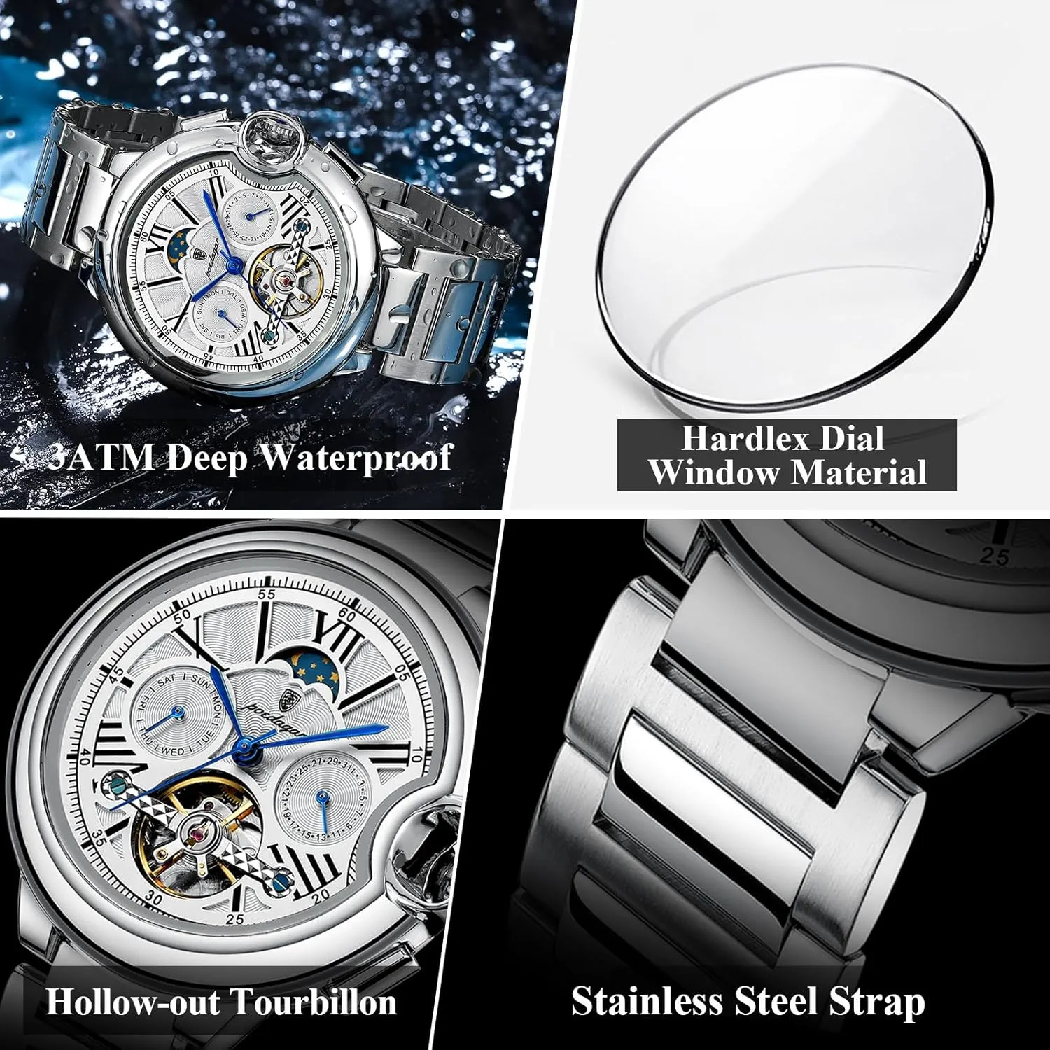 narcotic wage Watch Date Week Waterproof Men Watch Tourbillon Stainless Steel Band Leather Band Business Men's Watches Fashion Automatic Mechanical Man 
