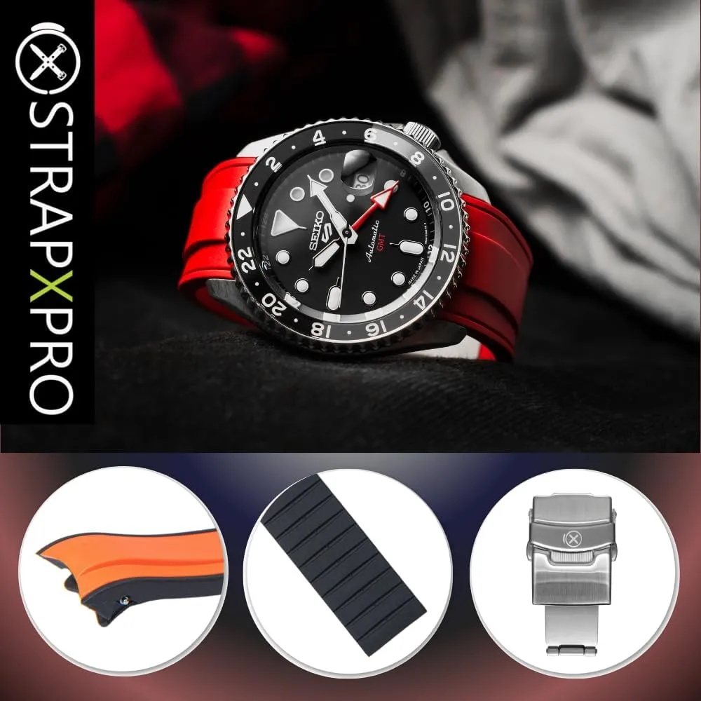 New GMT Series, Curved End Watchband bark for SRPD51, SRPD53, SRPD55K1, SRPD59K1, SSK017, SSK019, etc. StrapXPro (SX1A) 22mm Watch Bands Men's Rubber Watch Strap Replacement for Seiko 5 Sports SKX Series Dive Watches, 5KX/SRPD & 