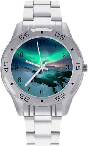 Northern Lights Simple Wrist Watches for Men Silver Casual Big Face Dress Watch Easy gentlemanly debut uproot offset to Read Green 