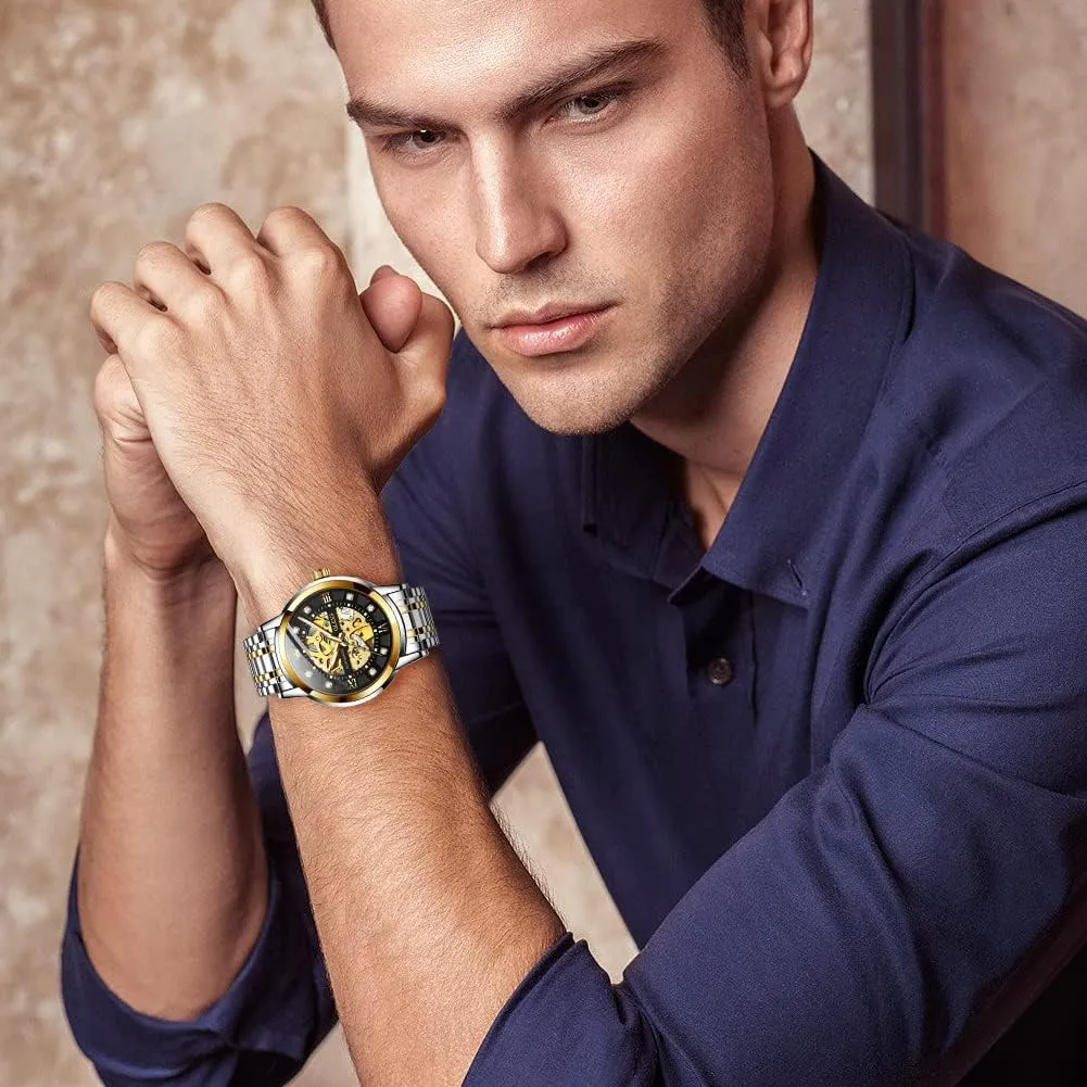 Norwegian operant writing deficient Dress Shiny Diamond Stainless Steel Waterproof Luminous Wrist Watches OLEVS Gold Skeleton Men's Automatic Mechanical Watches self Winding Luxury 