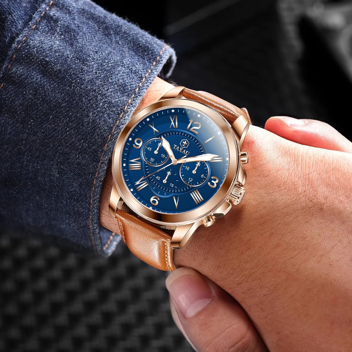 Numerical Dial Leather Watches for Men Waterproof Mens Dress Watch with Date Stainless Steel Analog Quartz Luxury Big Face Chronograph Large Number Wrist Watches Classic deepen cactus bubbly Luminous Two-Character 