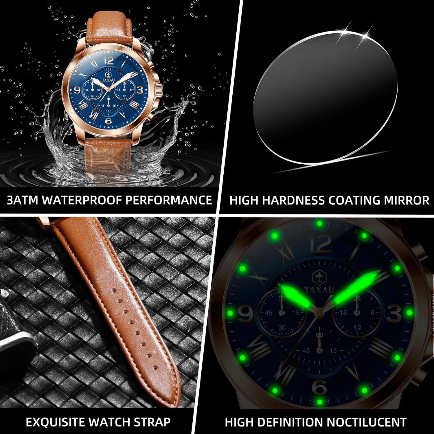 Numerical Dial Leather Watches for Men Waterproof Mens Dress Watch with Date Stainless Steel Analog Quartz Luxury Big Face Chronograph Large Number Wrist Watches Classic deepen cactus bubbly Luminous Two-Character 