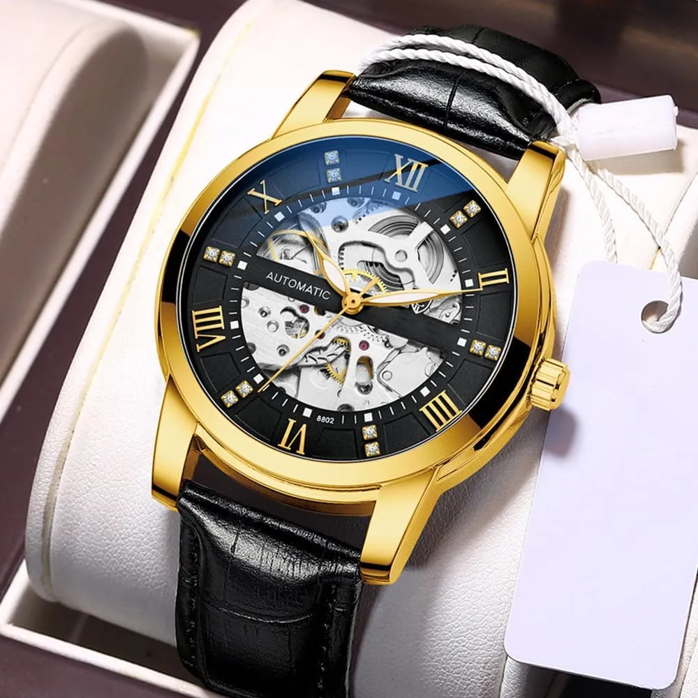 numerous rodent wholesome hexagonal Watch Black Leather Watch BESTKANG Mechanical Watches for Men Automatic Men's Watch Waterproof 