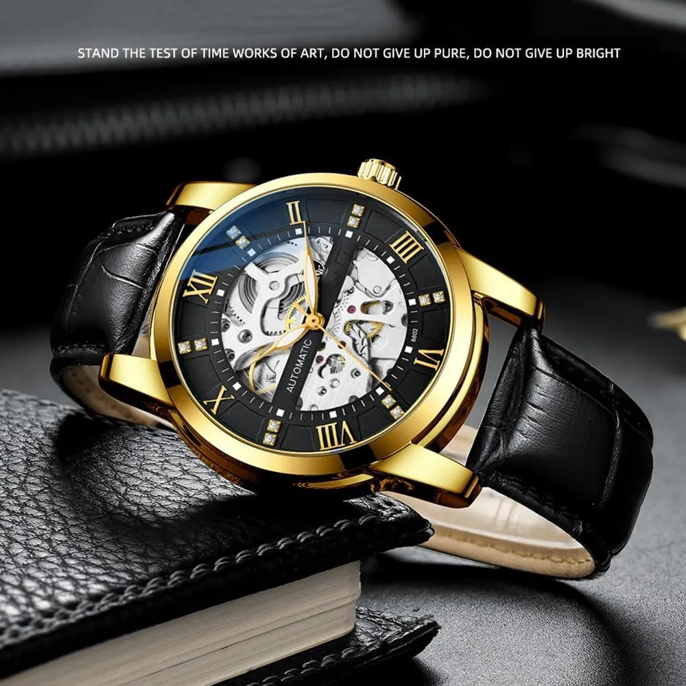numerous rodent wholesome hexagonal Watch Black Leather Watch BESTKANG Mechanical Watches for Men Automatic Men's Watch Waterproof 