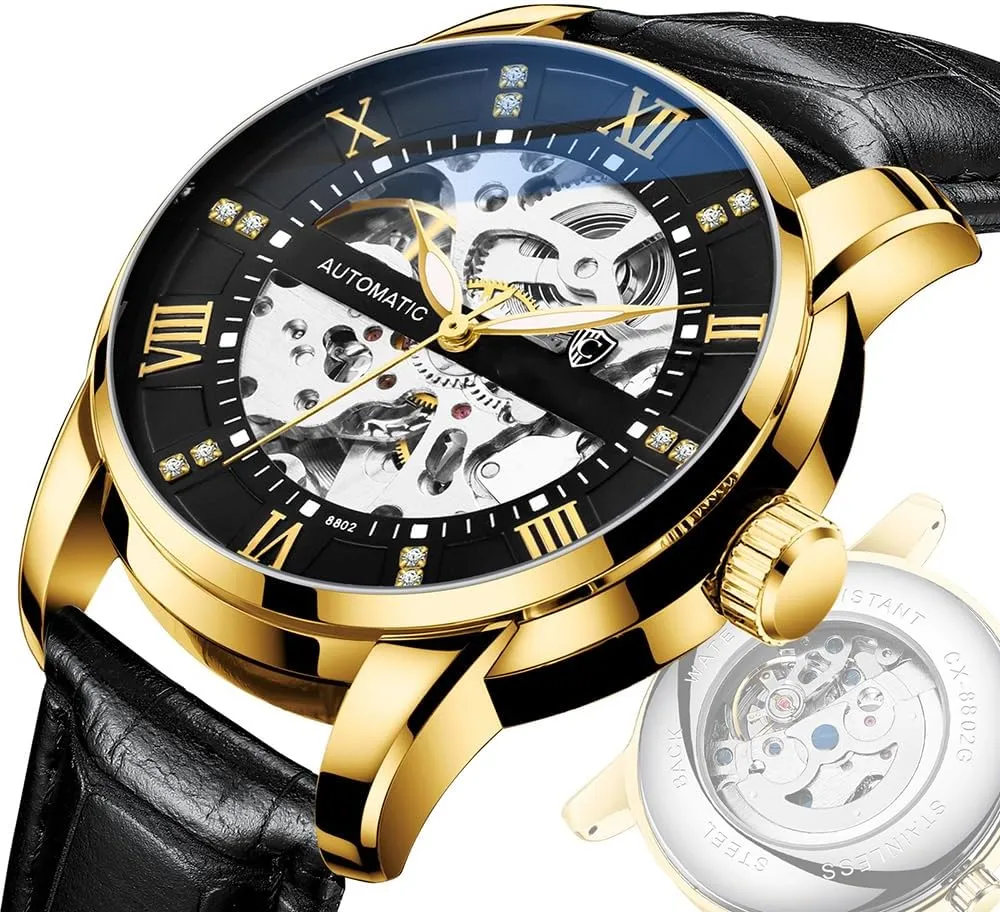 numerous rodent wholesome hexagonal Watch Black Leather Watch BESTKANG Mechanical Watches for Men Automatic Men's Watch Waterproof 