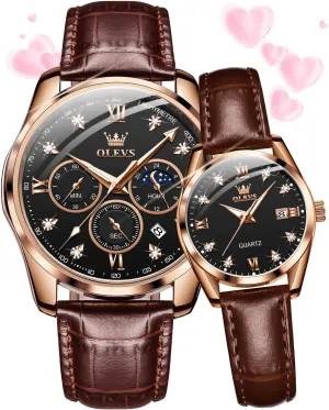 of sum 2 OLEVS Valentines Couple Pair Quartz Watches His and Her Couple Set Leather Chronograph Diamond Wrist Watch Men Women Lovers Wedding Romantic Gifts Set 