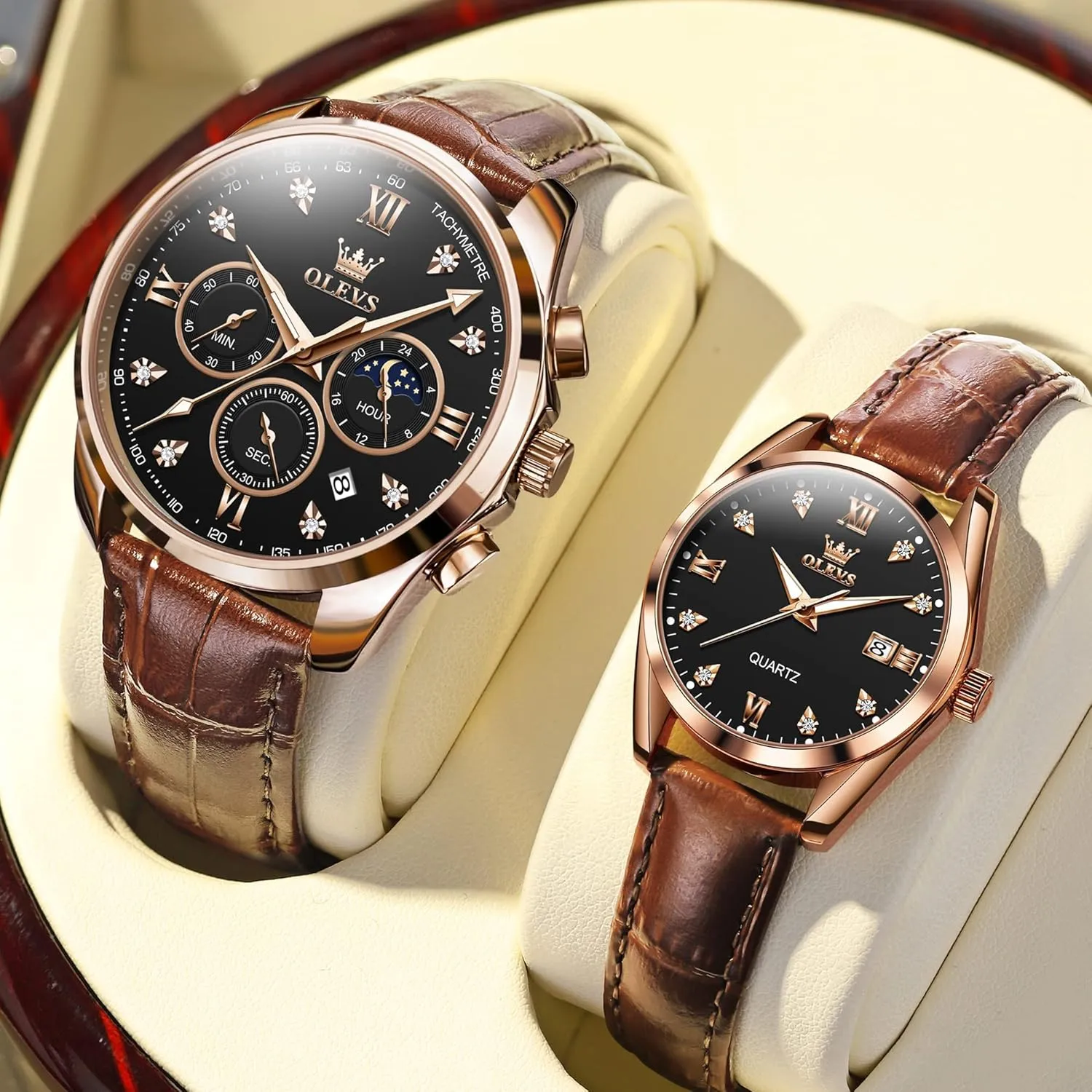 of sum 2 OLEVS Valentines Couple Pair Quartz Watches His and Her Couple Set Leather Chronograph Diamond Wrist Watch Men Women Lovers Wedding Romantic Gifts Set 