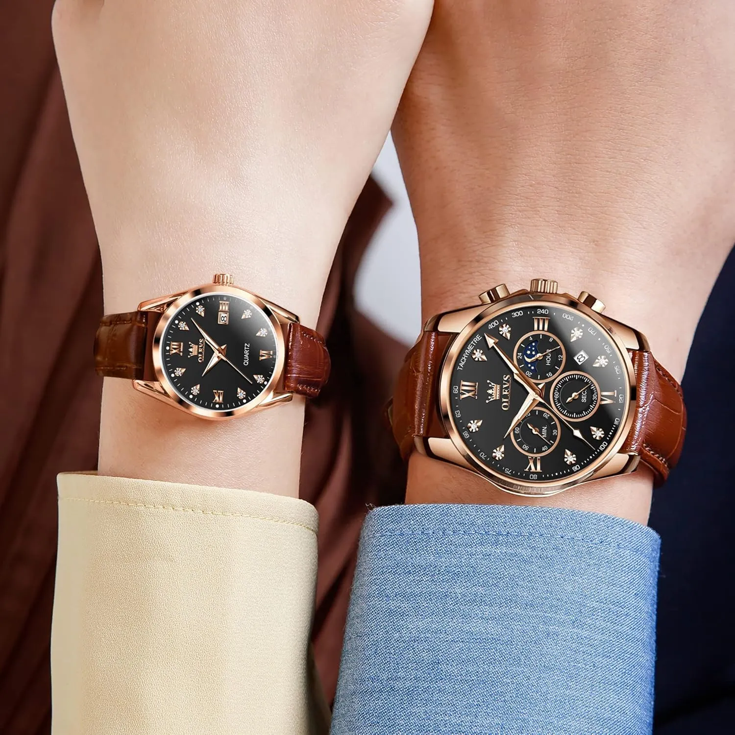 of sum 2 OLEVS Valentines Couple Pair Quartz Watches His and Her Couple Set Leather Chronograph Diamond Wrist Watch Men Women Lovers Wedding Romantic Gifts Set 