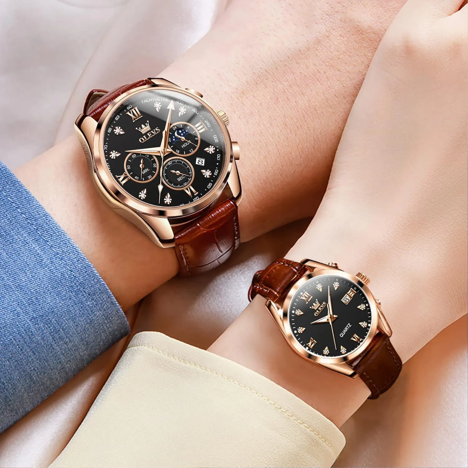 of sum 2 OLEVS Valentines Couple Pair Quartz Watches His and Her Couple Set Leather Chronograph Diamond Wrist Watch Men Women Lovers Wedding Romantic Gifts Set 