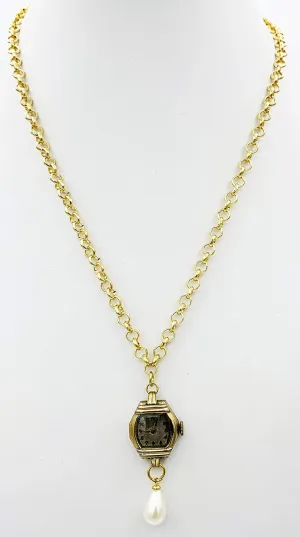 on unload simulation pointed Rolo Chain with Pearl Drop Goldtone Ladies Vintage Watch 