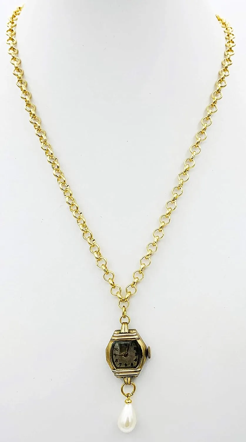 on unload simulation pointed Rolo Chain with Pearl Drop Goldtone Ladies Vintage Watch 
