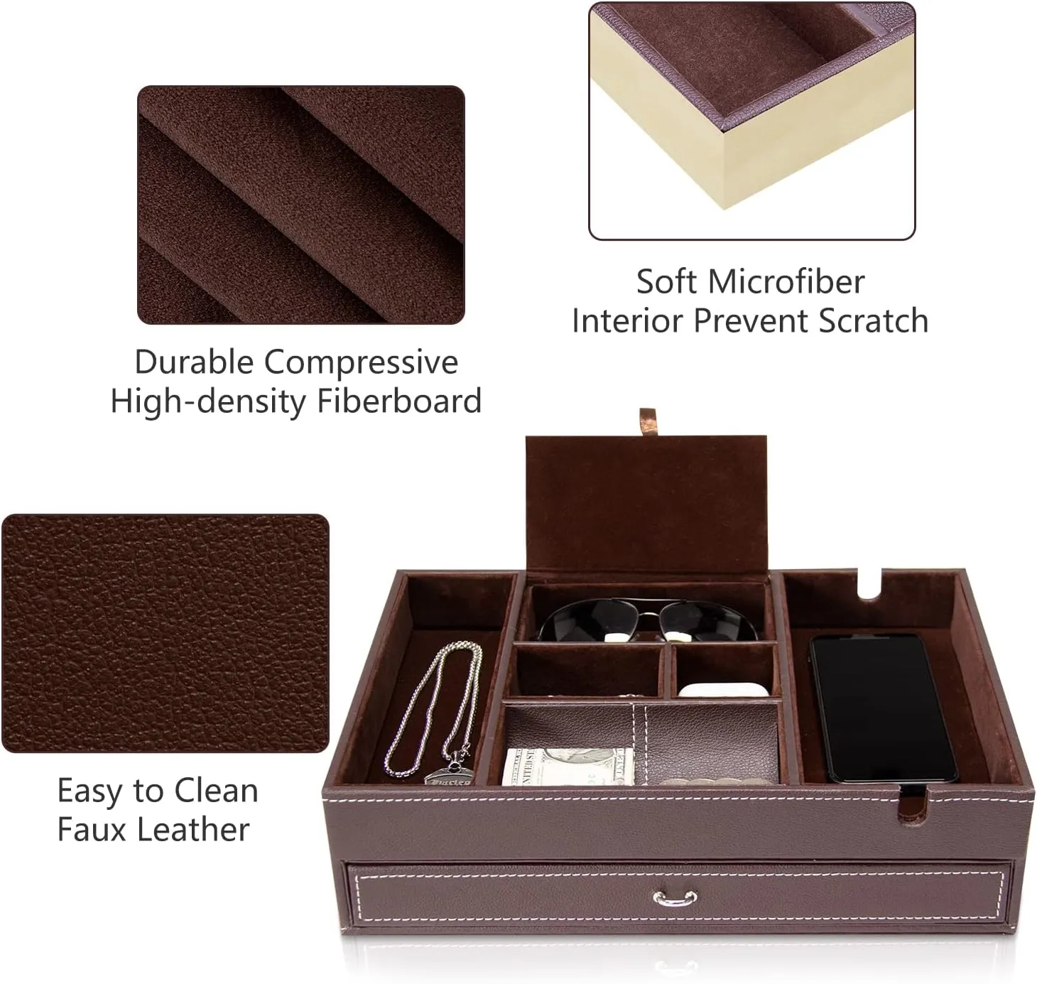 Organizer, Catch All for Jewelry Key Wallet and Phone job (Brown) Baoyun Valet Tray for Men, 2 Layers Nightstand Organizers for Men and Women, Leather Jewelry Storage Box, Mens Dresser Top 