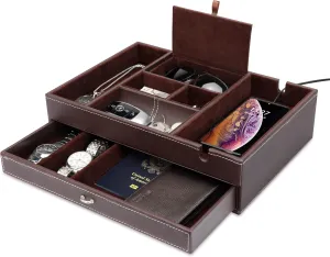 Organizer, Catch All for Jewelry Key Wallet and Phone job (Brown) Baoyun Valet Tray for Men, 2 Layers Nightstand Organizers for Men and Women, Leather Jewelry Storage Box, Mens Dresser Top 