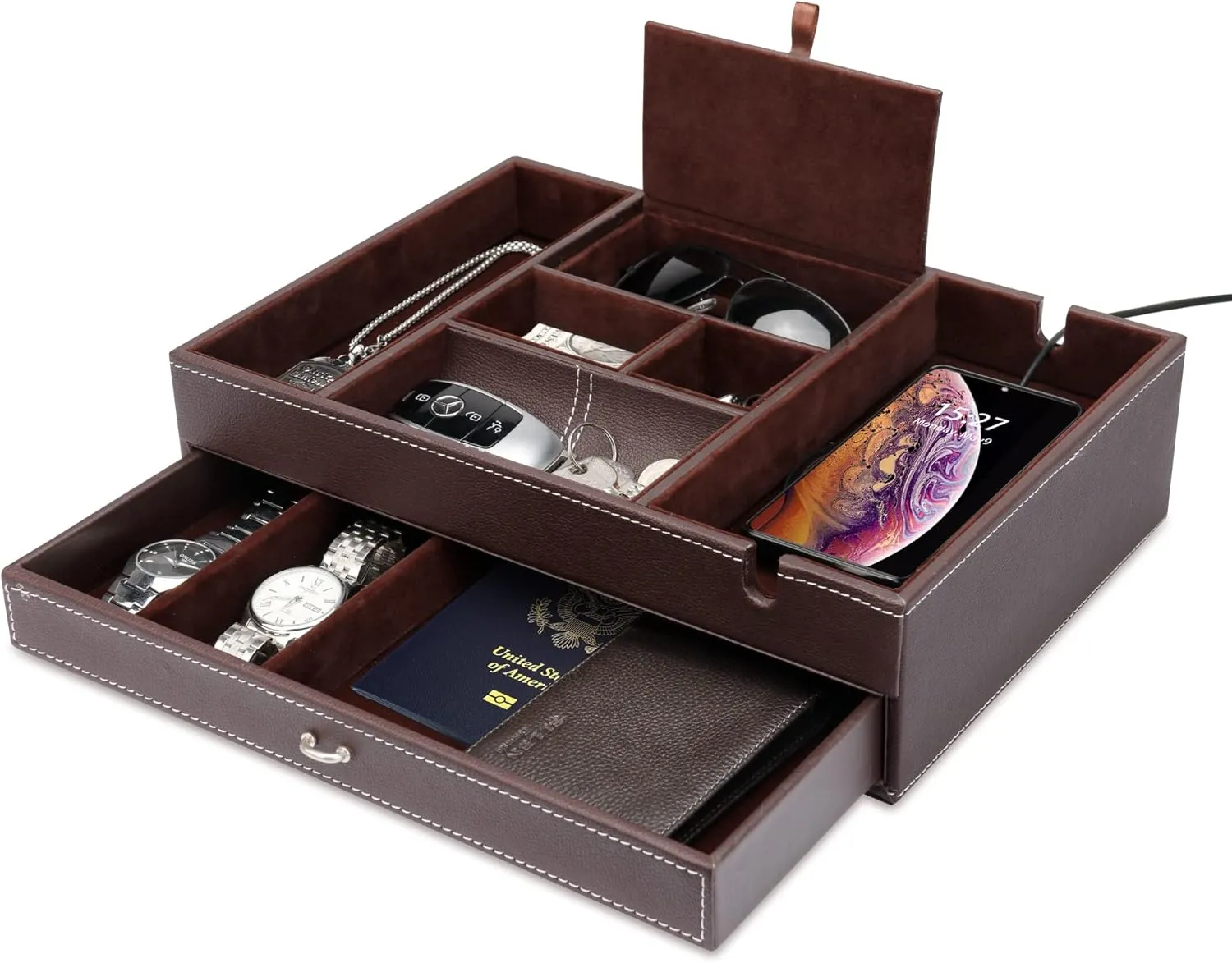 Organizer, Catch All for Jewelry Key Wallet and Phone job (Brown) Baoyun Valet Tray for Men, 2 Layers Nightstand Organizers for Men and Women, Leather Jewelry Storage Box, Mens Dresser Top 