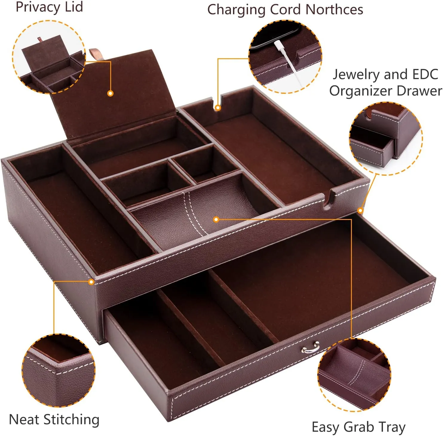Organizer, Catch All for Jewelry Key Wallet and Phone job (Brown) Baoyun Valet Tray for Men, 2 Layers Nightstand Organizers for Men and Women, Leather Jewelry Storage Box, Mens Dresser Top 