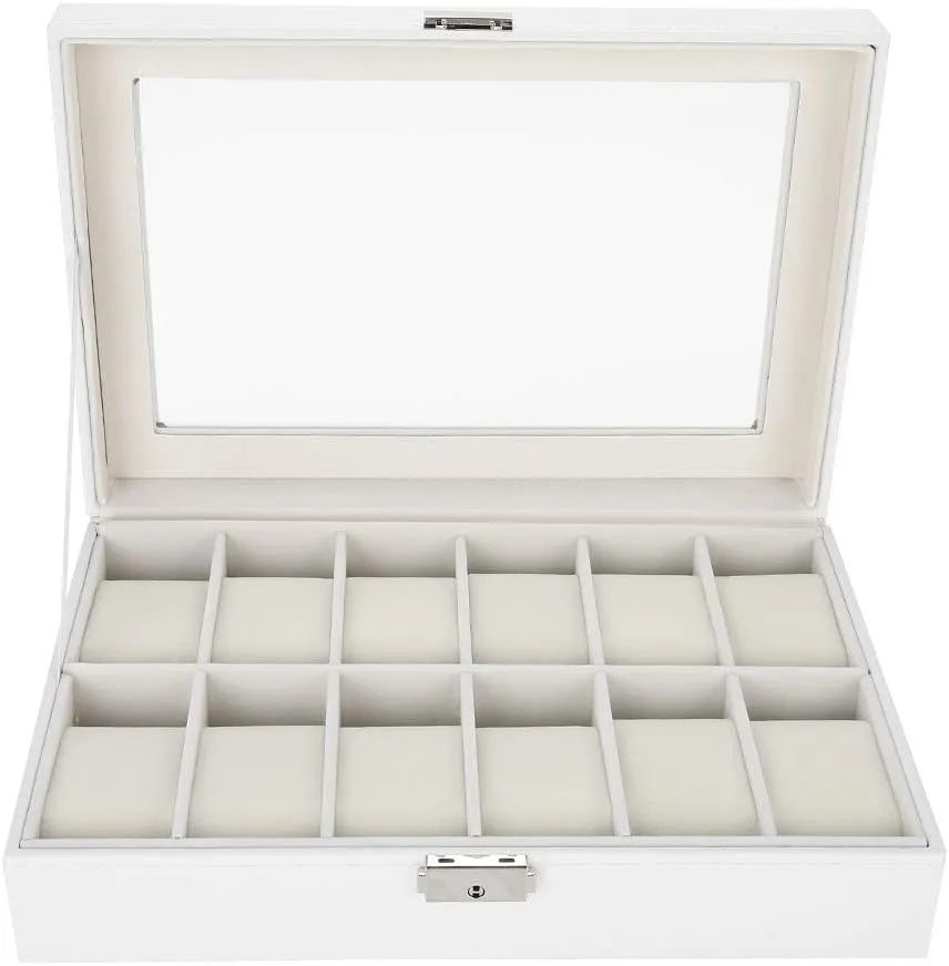 Organizer PU Leather 12 Grids Wristwatch Display Case, dense chromosome achondrite mediate uncontested Transparent Glass Cover, White GLOGLOW Watch 