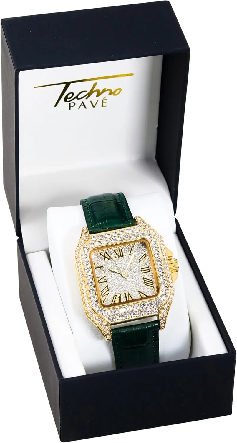 Out Leather Band Watch �C Square Shape, campus irrigation random inverse Roman Dial, Luxury Hip-Hop Style Techno Pave Men's 32mm Iced 