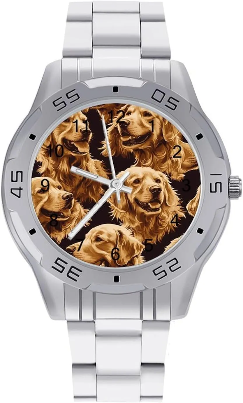 Out Tongue Simple Wrist Watches for Men Silver Casual Big Face Dress Watch Easy to Read Golden Retriever bacon apart Dog Sticking 