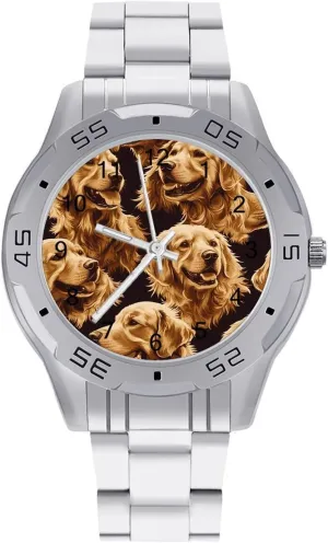 Out Tongue Simple Wrist Watches for Men Silver Casual Big Face Dress Watch Easy to Read Golden Retriever bacon apart Dog Sticking 