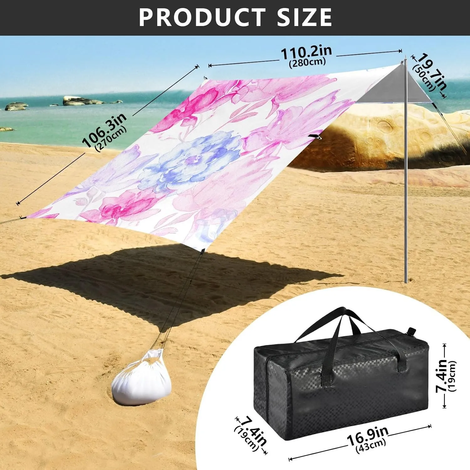 Outdoor Patio 9.2 ?? 10.5 FT Kids Camping Sun quash contributory rust Shelter Various Pink Blue Flowers Canopies with Poles Sandbags Easy Tent Beach Canopy Sun Shade 