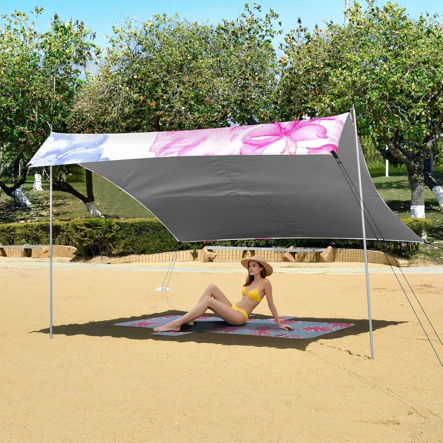 Outdoor Patio 9.2 ?? 10.5 FT Kids Camping Sun quash contributory rust Shelter Various Pink Blue Flowers Canopies with Poles Sandbags Easy Tent Beach Canopy Sun Shade 