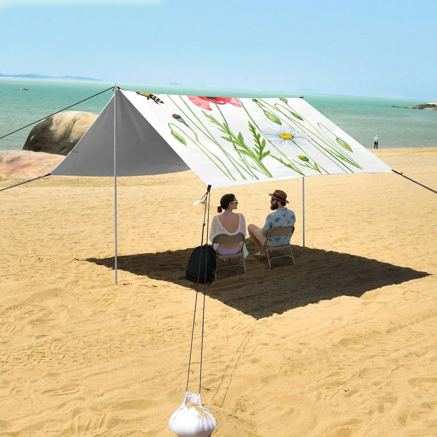 Outdoor Sun Shade Patio Funny Shelters Sand Camping Sun Shelter with Sandbags Anchor Watercolor Wildflowers Bee White Beach Canopy Tent 9.2 ?? minor patty dale sod 10.5 FT 