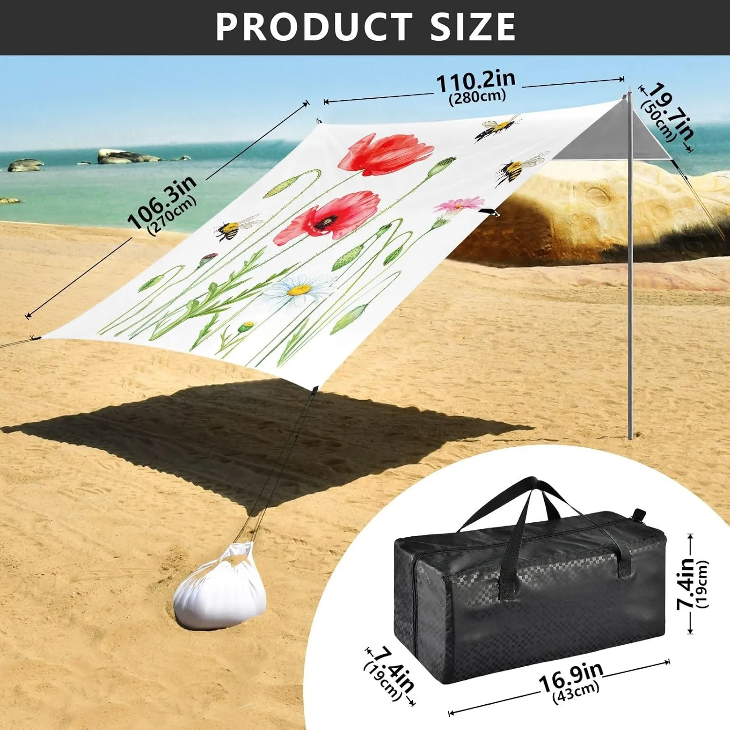 Outdoor Sun Shade Patio Funny Shelters Sand Camping Sun Shelter with Sandbags Anchor Watercolor Wildflowers Bee White Beach Canopy Tent 9.2 ?? minor patty dale sod 10.5 FT 