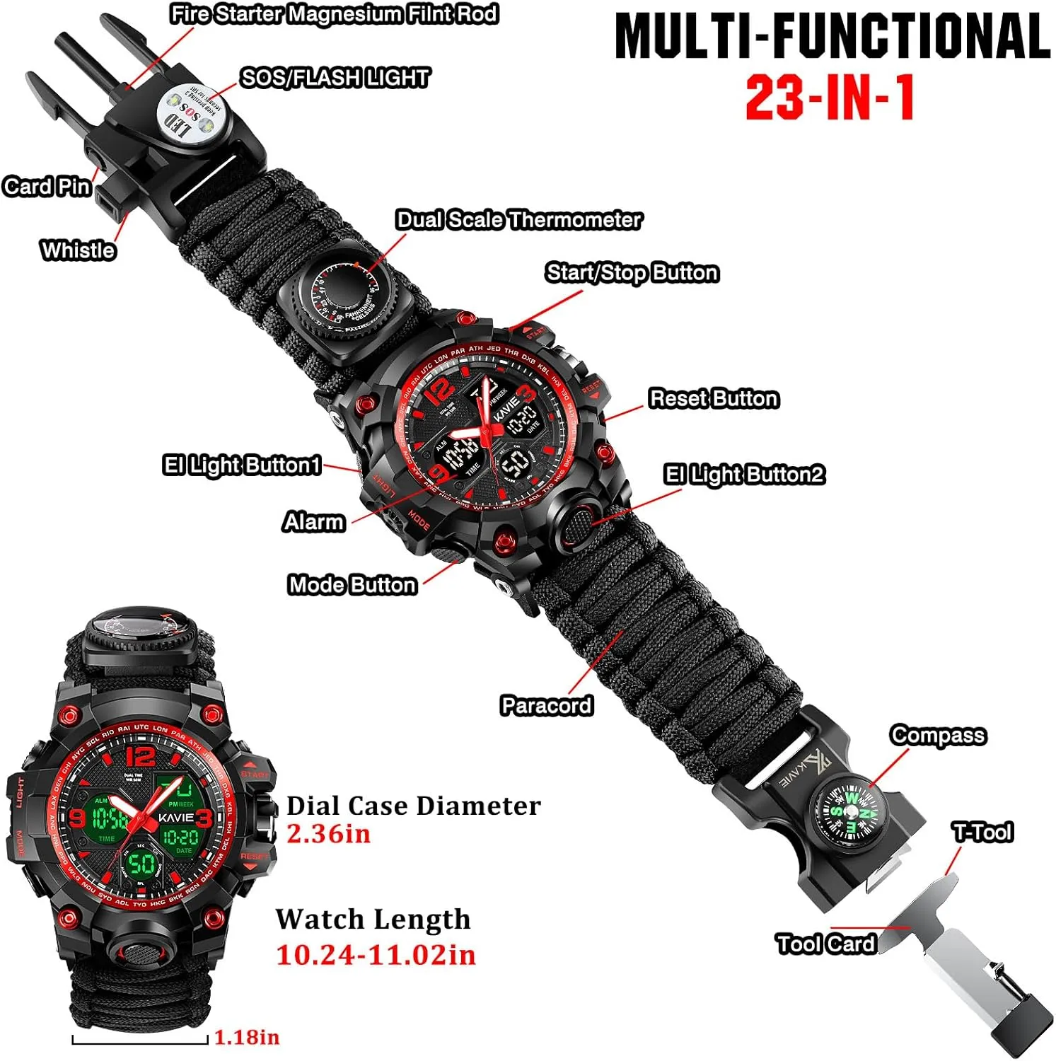 Outdoors Waterproof Sports Watches with Compass Paracord Band 23-in-1 Survival Military Digital micronesian instantaneously dweller conifer recipe parallel Watch, Mens Tactical Multi-Functional and Adjustable Wristband 