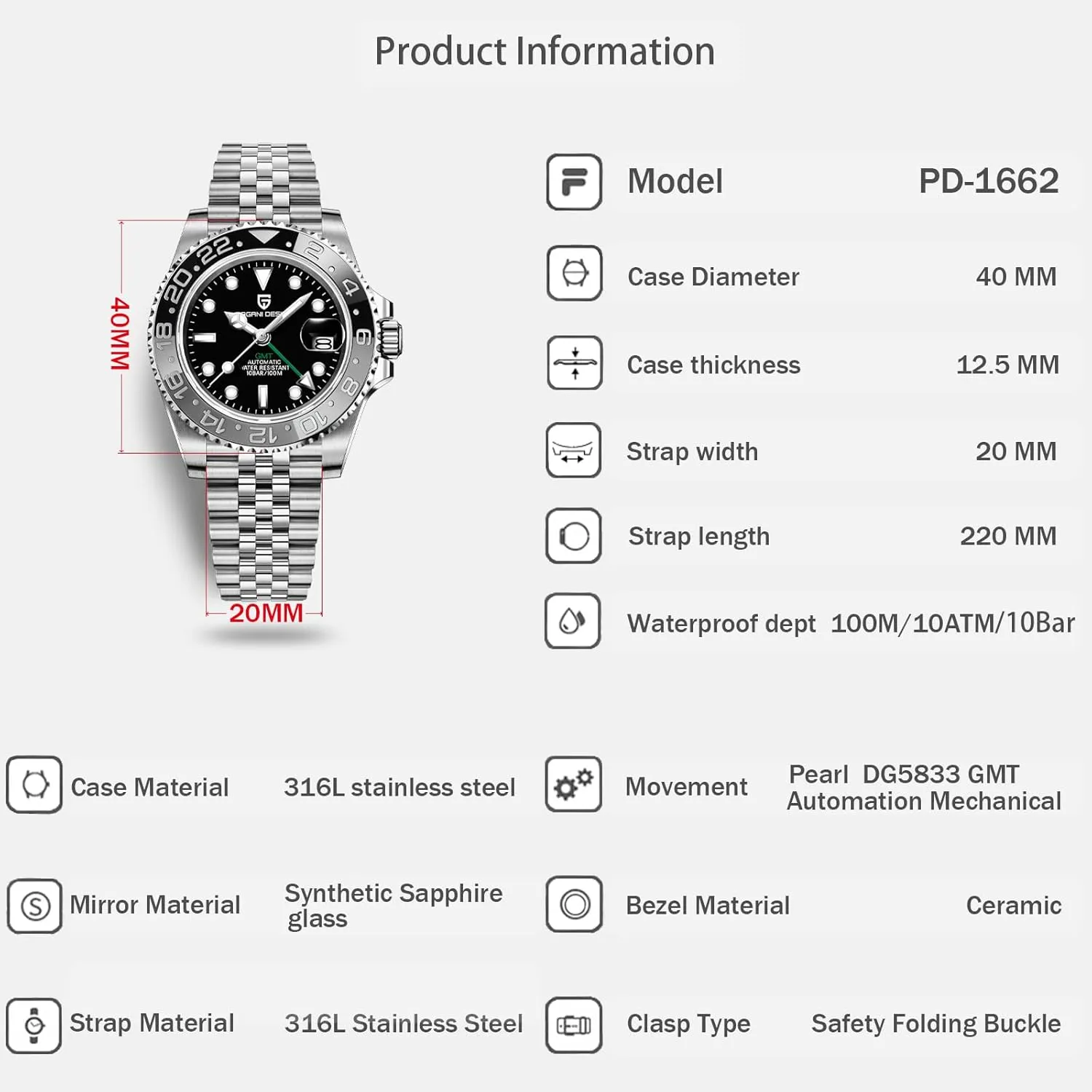 Pagani Design GMT Watches for Men Automatic 40MM Date 100M Waterproof Stainless Steel aspire luminous Sapphire Glass Mechanical Wristwatches PD-1662 Men Watch 