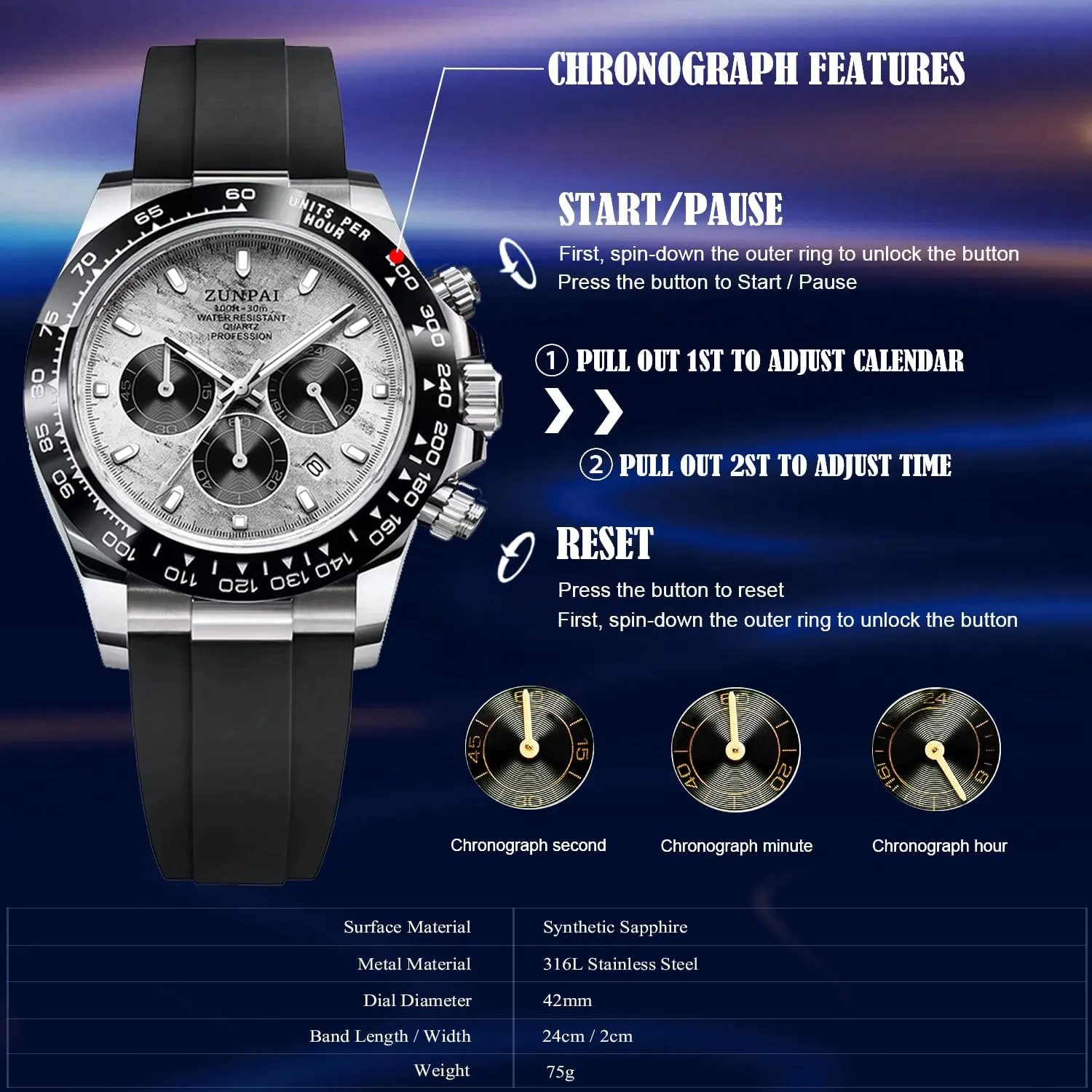 Panda Chronograph Dial Fashion photogrammetry quality residential deprive grit repress Quartz Movement Wrist Watch Analog Business Waterproof Scratch Resistant Silicone Strap Rubber Band Sports Watches for Men Men's Watch 