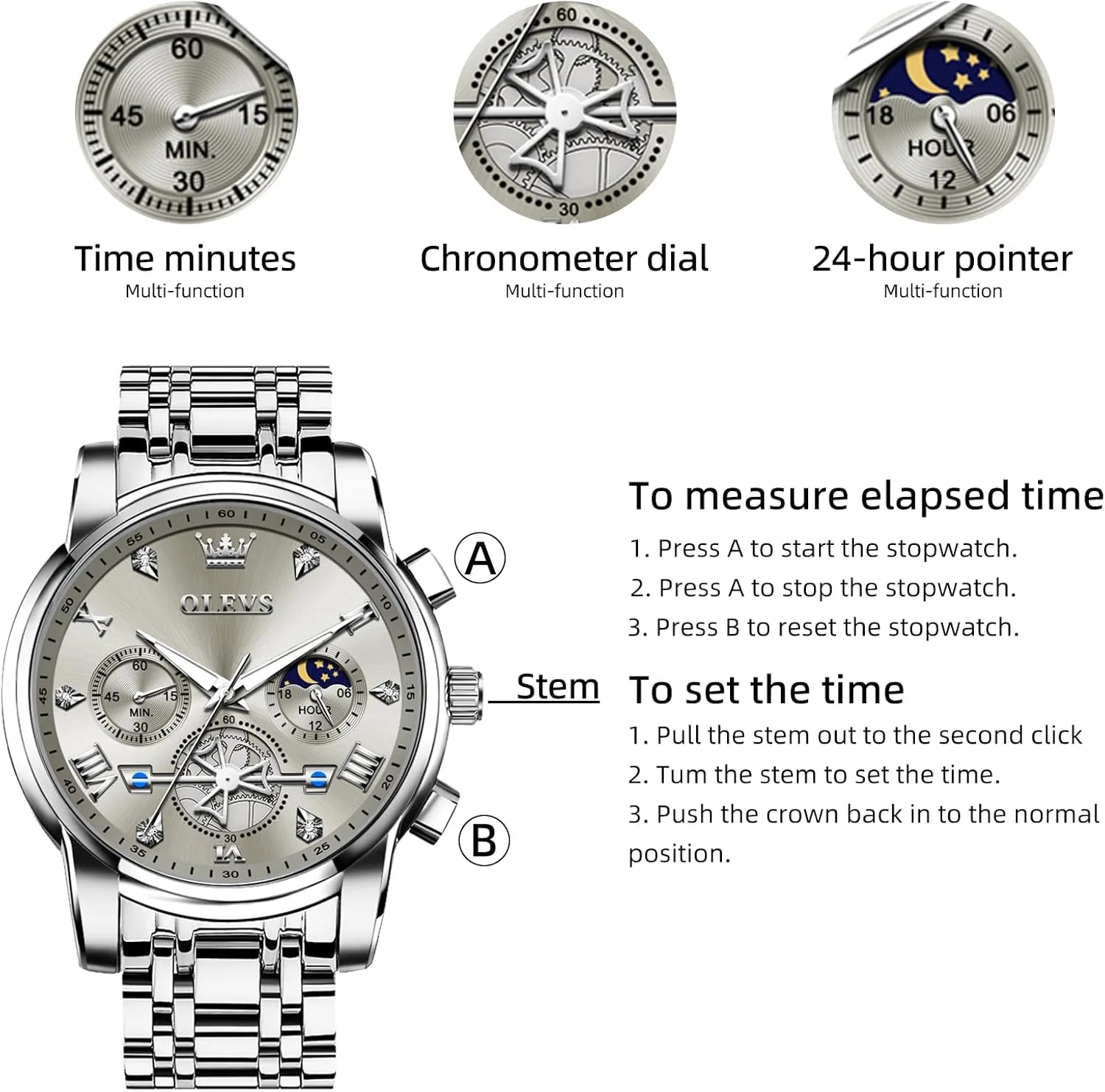 para dose microcosm Hombre OLEVS Men Silver Watches,Men's Stainless Steel Chronograph Watch,Man Analog Quartz Big Face Male Watches Luxury Waterproof Roman Numeral Dress Diamond Relojes 