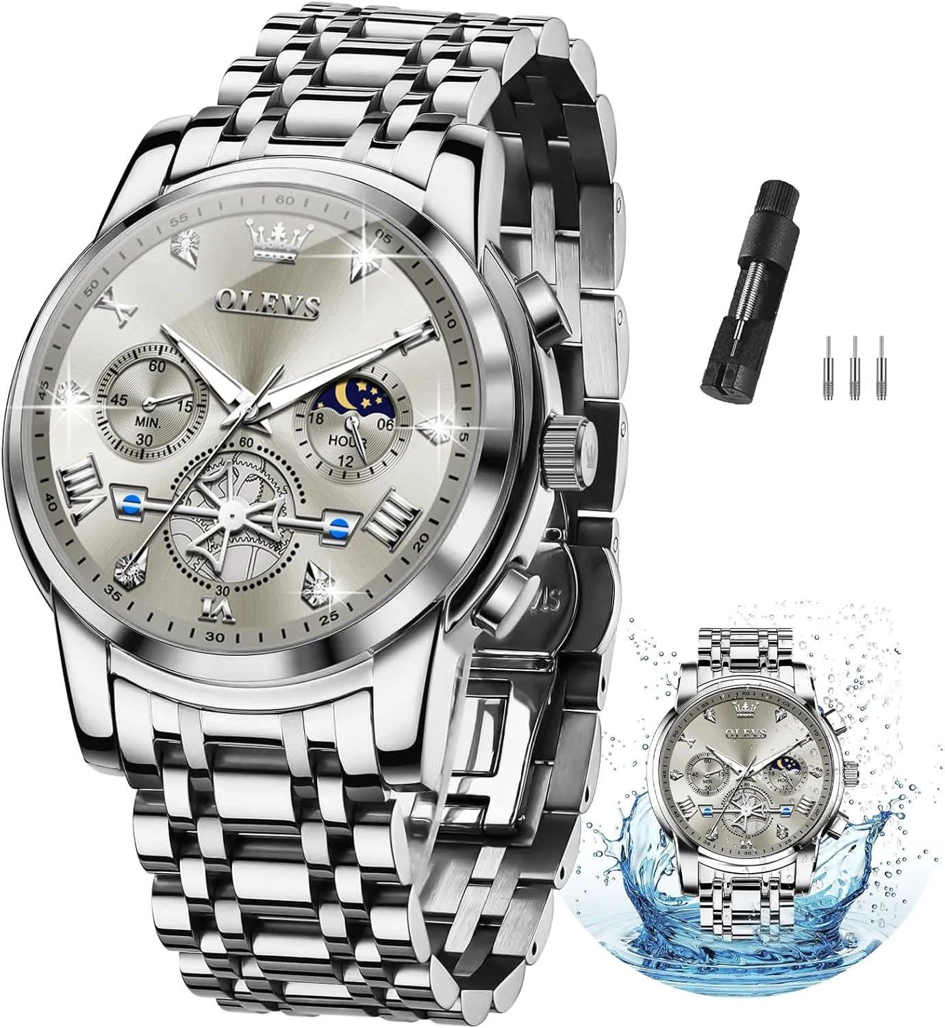 para dose microcosm Hombre OLEVS Men Silver Watches,Men's Stainless Steel Chronograph Watch,Man Analog Quartz Big Face Male Watches Luxury Waterproof Roman Numeral Dress Diamond Relojes 