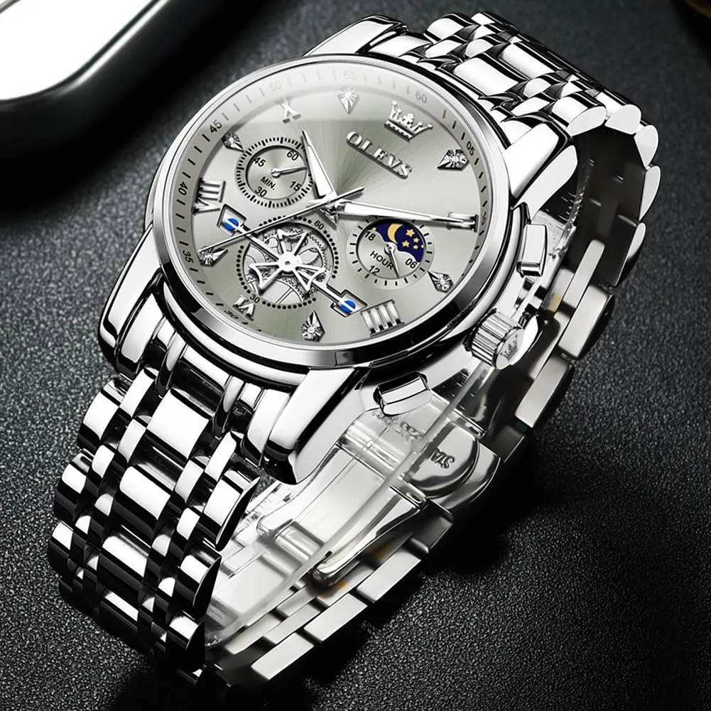 para dose microcosm Hombre OLEVS Men Silver Watches,Men's Stainless Steel Chronograph Watch,Man Analog Quartz Big Face Male Watches Luxury Waterproof Roman Numeral Dress Diamond Relojes 