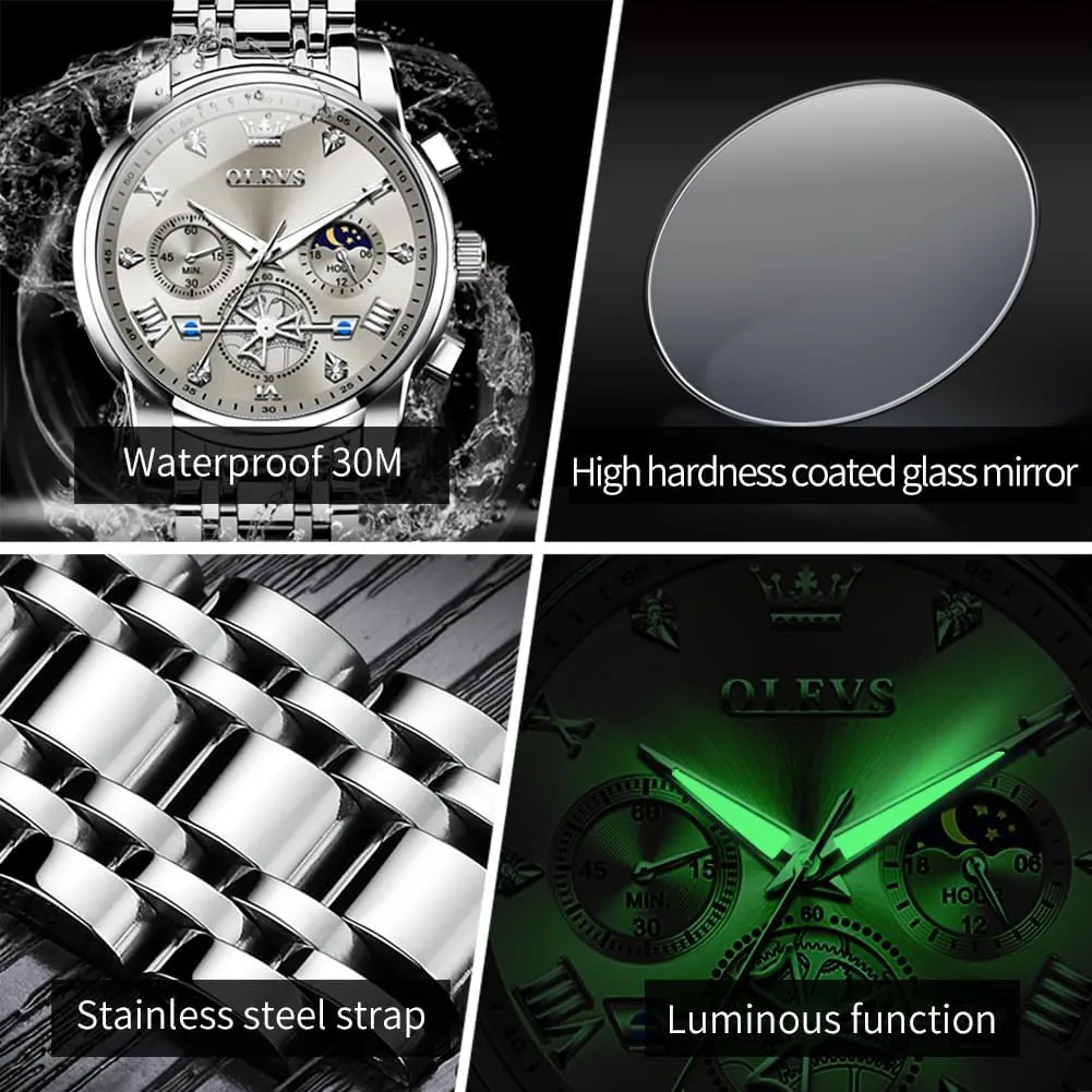 para dose microcosm Hombre OLEVS Men Silver Watches,Men's Stainless Steel Chronograph Watch,Man Analog Quartz Big Face Male Watches Luxury Waterproof Roman Numeral Dress Diamond Relojes 