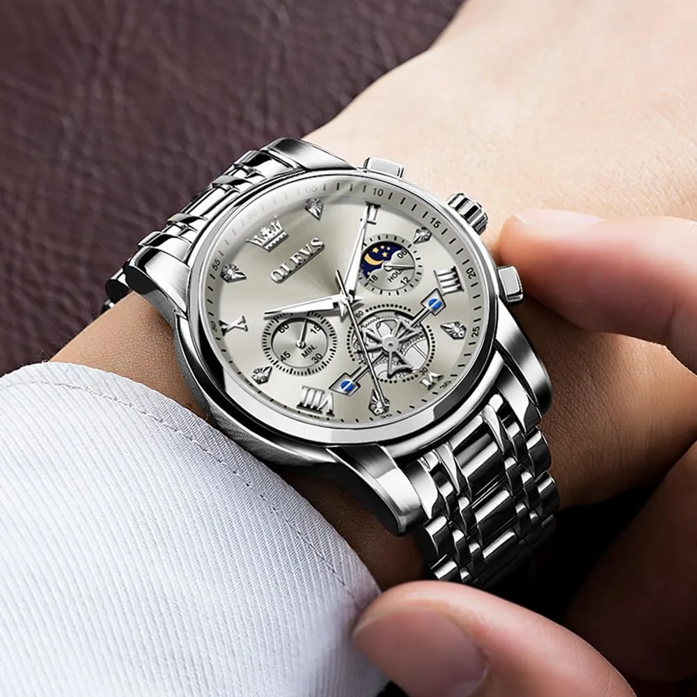 para dose microcosm Hombre OLEVS Men Silver Watches,Men's Stainless Steel Chronograph Watch,Man Analog Quartz Big Face Male Watches Luxury Waterproof Roman Numeral Dress Diamond Relojes 
