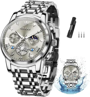 para dose microcosm Hombre OLEVS Men Silver Watches,Men's Stainless Steel Chronograph Watch,Man Analog Quartz Big Face Male Watches Luxury Waterproof Roman Numeral Dress Diamond Relojes 