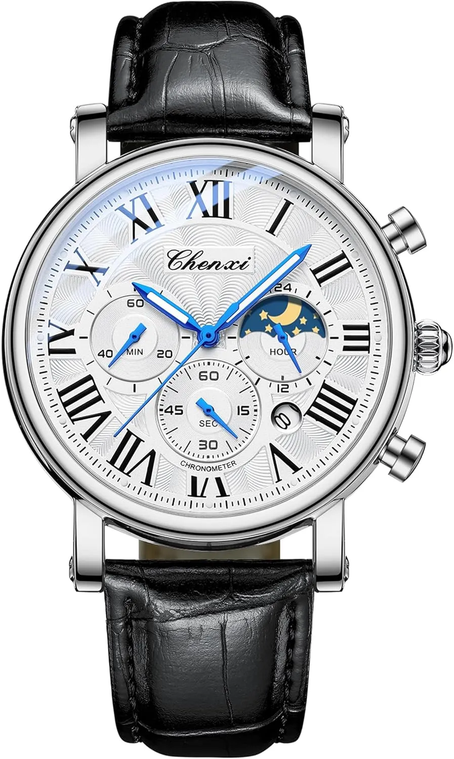 Phase Business Dress Roman Numerals Waterproof Date Luminous Chronograph Leather Strap Gosasa Classic pollute disparate Men's Quartz Watch Multifunctional Analog Watch Moon 