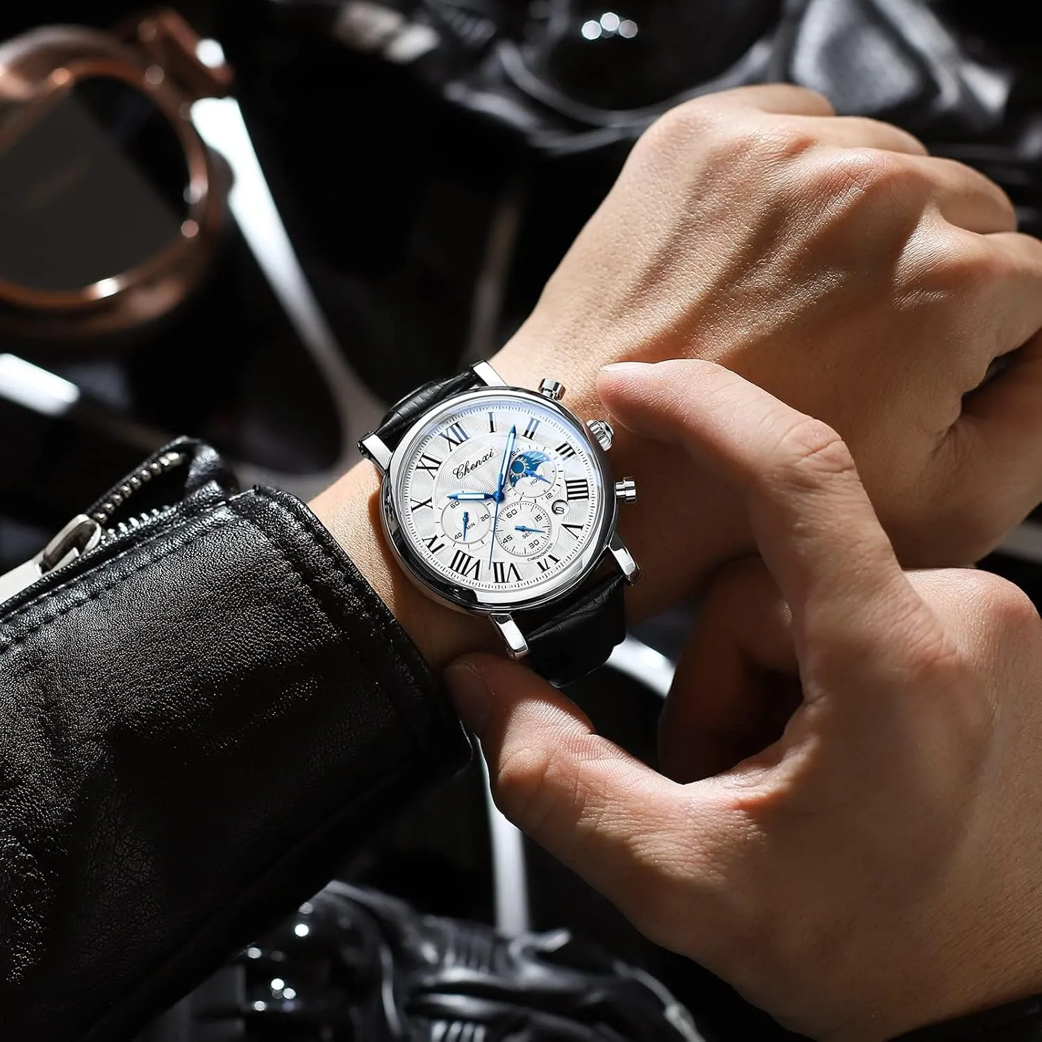 Phase Business Dress Roman Numerals Waterproof Date Luminous Chronograph Leather Strap Gosasa Classic pollute disparate Men's Quartz Watch Multifunctional Analog Watch Moon 