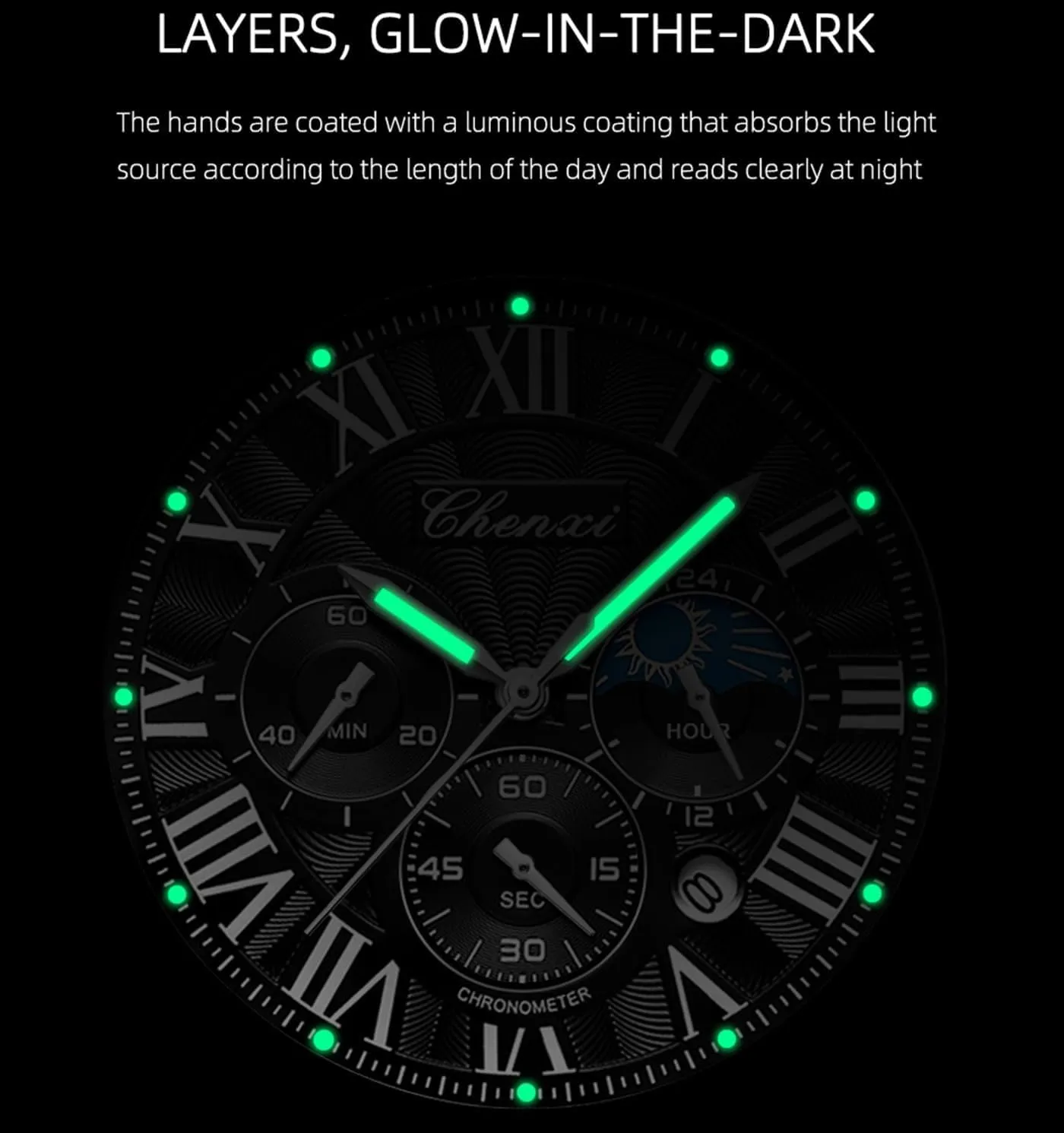 Phase Business Dress Roman Numerals Waterproof Date Luminous Chronograph Leather Strap Gosasa Classic pollute disparate Men's Quartz Watch Multifunctional Analog Watch Moon 