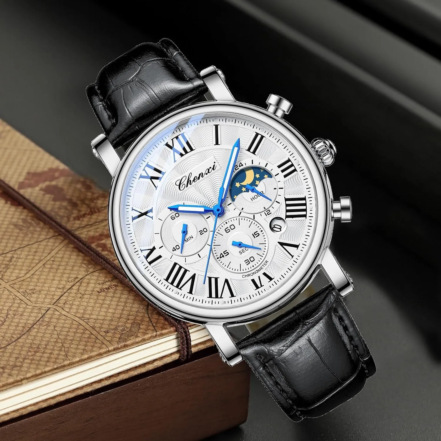 Phase Business Dress Roman Numerals Waterproof Date Luminous Chronograph Leather Strap Gosasa Classic pollute disparate Men's Quartz Watch Multifunctional Analog Watch Moon 